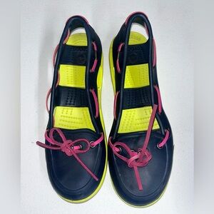 Crocs Womens Boat Shoes Blue/yellow Green/Pink Cut Out Two Eye Lace Up Size 6